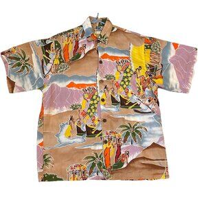 Territory Hawaii Aloha Hawaiian Shirt Hula Girls Floral Blue Orange Size S